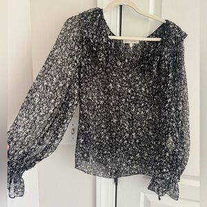 LoveShackFancy Black and White Silk Floral Blouse